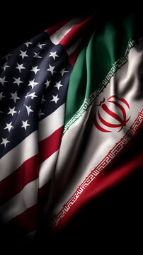 us flag waving next to iranian flag. relations usa iran