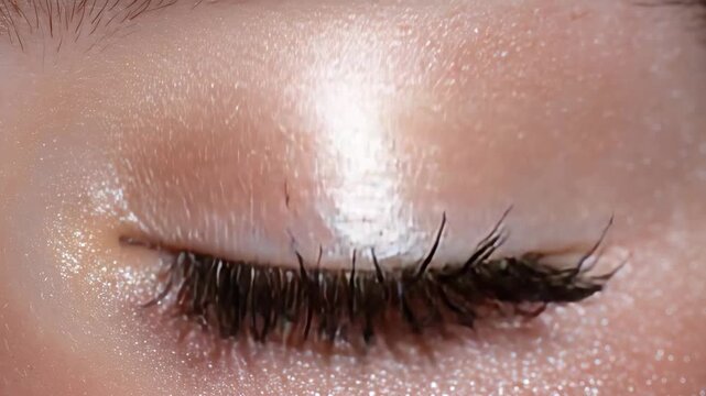 Close-up macro of eye makeup detail, individual mascara-coated lashes separated and defined, shimmering eyelid texture, high contrast lighting accentuating micro details and reflec
