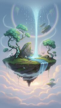 Fantasy floating island with trees and waterfall.