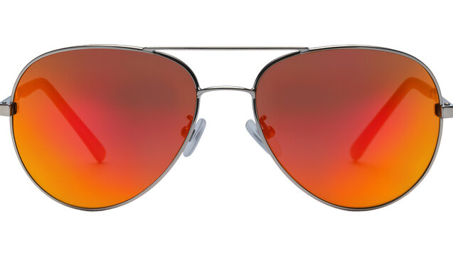 Aviator sunglasses with mirrored red-orange lenses silver frame, isolated on transparent background
