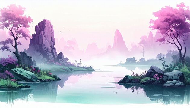 Misty alien swamp landscape with floating rocks