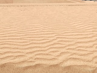 Sand ripples formed by natural forces in desert landscapes and beach shores. In desert Wind creates wave-like ripple  across the brown sandy surface. Visually striking natural pattern environments © Usama