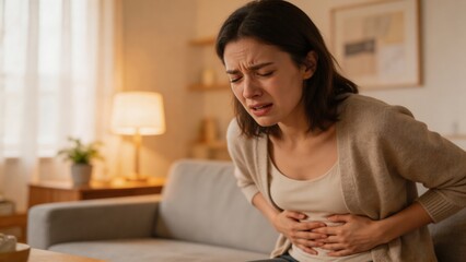 Obraz premium A woman experiencing stomach pain in a cozy living room setting, clutching her abdomen with a worried expression on her face.