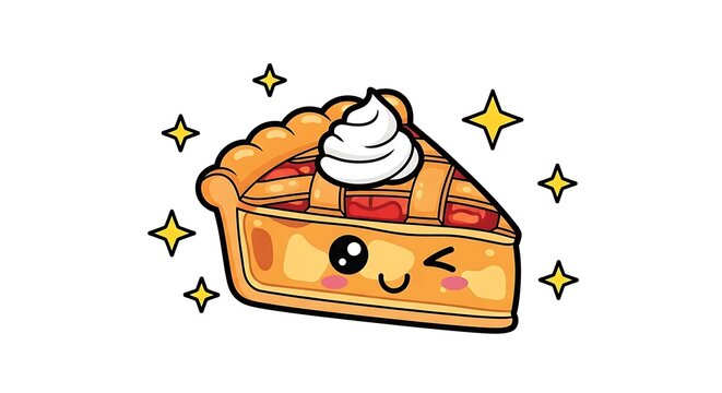 A cartoon slice of pie with a smiling face and whipped cream