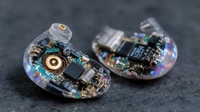 Close-up macro shot of wireless earbuds disassembled on a dark surface, visible micro speaker driver, lithium battery, delicate coiled wires and Bluetooth module, glossy plastic sh