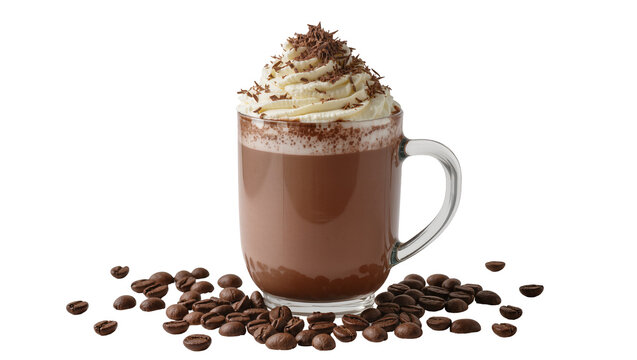 Rich hot chocolate in glass mug with whipped cream and chocolate shavings, isolated on transparent background