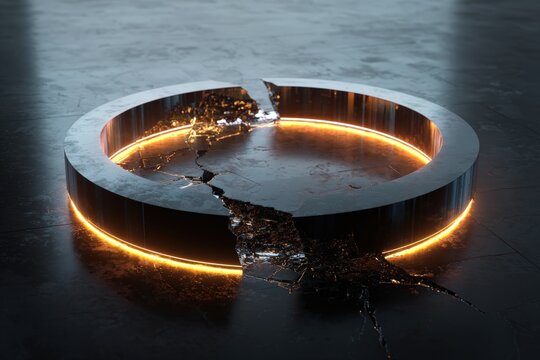 Abstract Visualization of Fractured Circular Platform Separated by Thin Glowing Gap