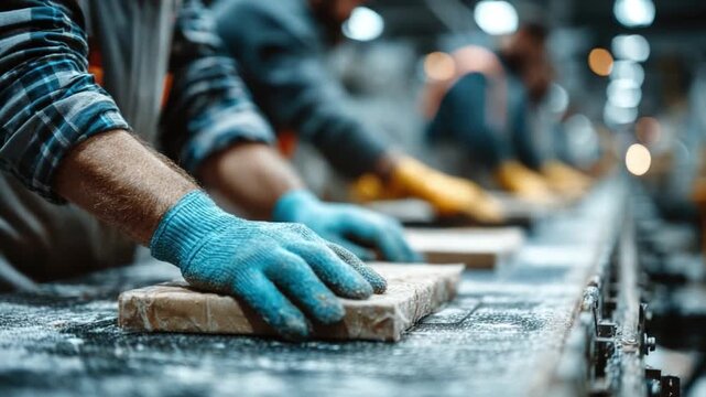 Factory Workers at Work: A group of diligent factory workers, clad in work gloves, meticulously manage products on a dynamic conveyor belt, creating a vibrant scene of industry.