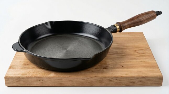 Modern cast iron frying pan with a wooden handle on a wooden board, high quality cookware, kitchen essentials, professional cooking.