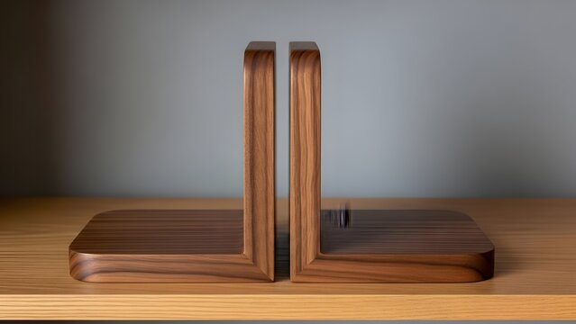 Wooden bookend on desk in modern interior with gray wall