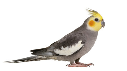 Grey cockatiel with yellow crest and orange cheek patches, isolated on transparent background © Emilija
