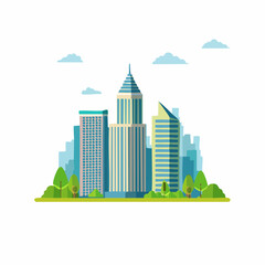 Obraz premium Modern city skyline with buildings, trees, and clouds in a flat vector design