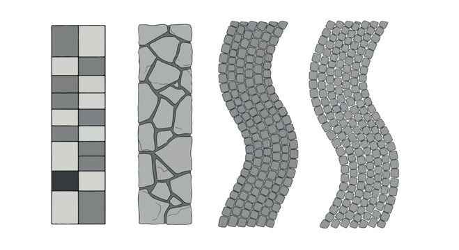 Stone paving patterns set, 4 vector path textures for landscaping, cobblestone and flagstone walkway top view, architectural garden floor plans