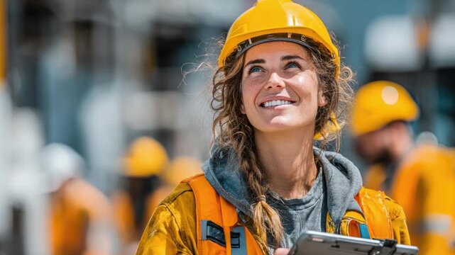 Ambition on the Construction Site: A determined female engineer, clad in a safety vest and hard hat, gazes upwards with a look of purpose and hope.