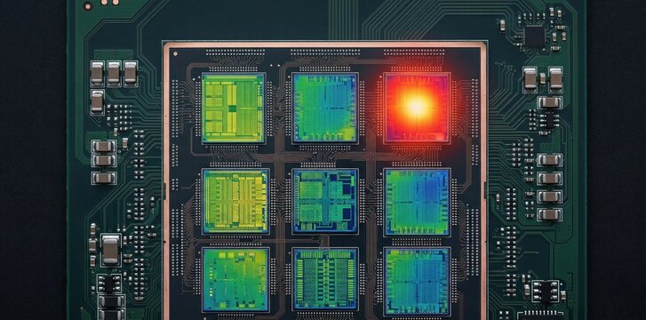Multi chiplet semiconductor package with one glowing hotspot illustrating thermal imbalance heat concentration and processing performance