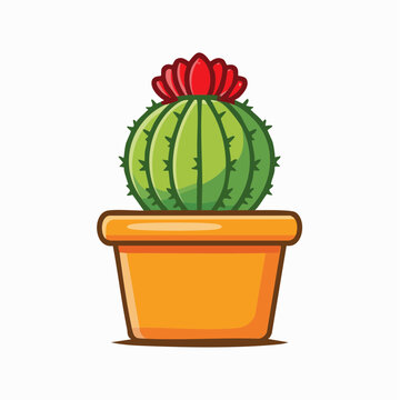 Cartoon illustration of a flowering cactus plant in a terracotta pot with a vibrant red bloom