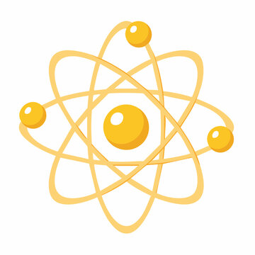 Cartoon atom model illustration with orbiting electrons, yellow and gold