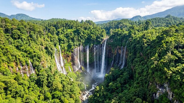 Breathtaking aerial view of Tumpak Sewu Waterfall cascading into a deep jungle canyon in East Java, Indonesia, during a sunny day.