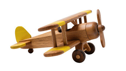 Wooden biplane toy with yellow accents, isolated on transparent background © Emilija