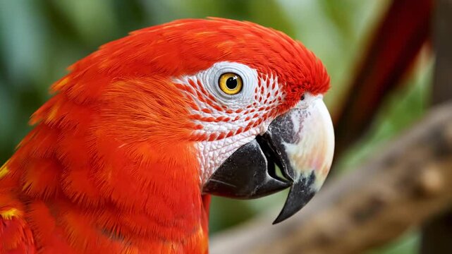 Vibrant red macaw parrot bird perched on branch in tropical forest habitat closeup
