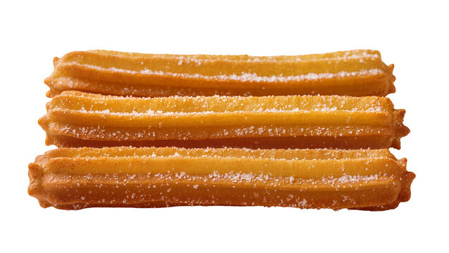 Golden brown churros dusted with sugar, isolated on transparent background