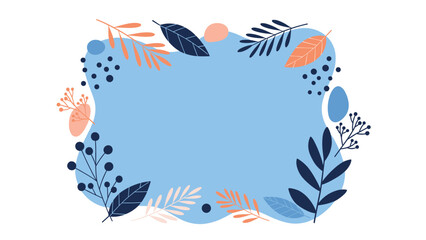 Obraz premium Abstract frame decorated with various navy blue and peach colored leaves and berries on a soft blue background shape.