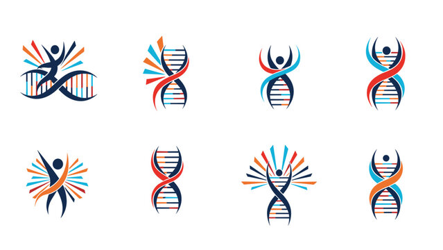 Collection of DNA helix logos combined with human figures and abstract rays representing genetics and biotechnology concepts.