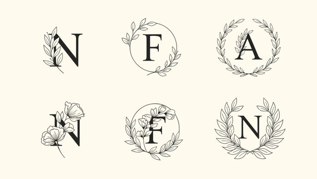 Elegant monogram designs with letters N, F, and A framed by delicate botanical wreaths and floral accents on a cream background.