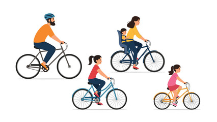 Obraz premium Family of four with two children riding different types of bicycles for outdoor leisure activities and healthy lifestyle recreation concepts.