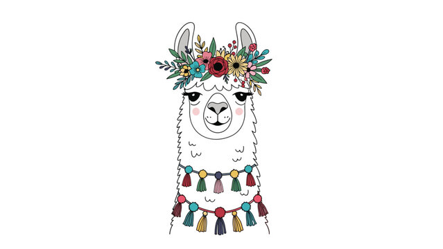 Portrait of a cute white llama wearing a colorful flower crown and decorative tassel necklaces on its long neck.