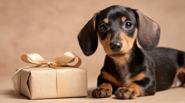 Apologetic Dachshund Puppy Lying Down on Right Third of Warm Minimal Sand Colored Backdrop