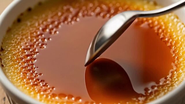 Creme brulee dessert with caramelized sugar crust, silver spoon breaking burnt sugar topping, gourmet custard pudding in ceramic ramekin