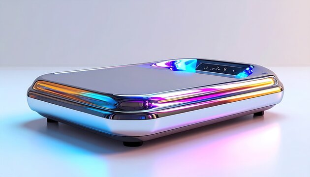 A futuristic, chrome-plated electronic device with colorful ambient lighting and a small display