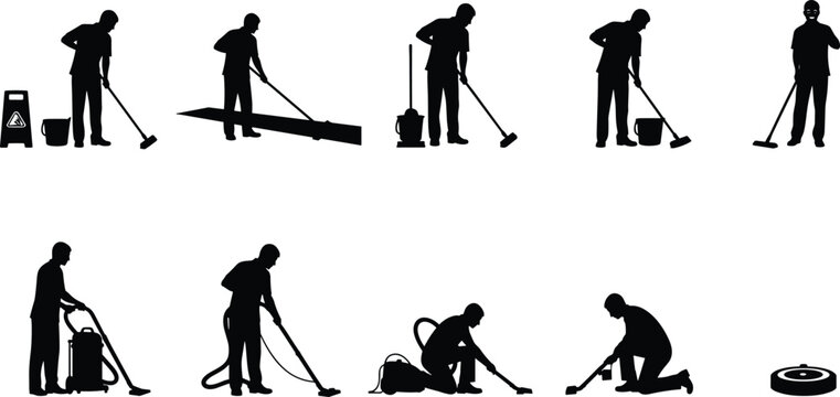 Cleaning silhouettes icons, floor mopping, vacuum cleaner, sweeping broom, robotic vacuum, scrubbing floor, bucket wringing, household chores, cleaning tools illustration