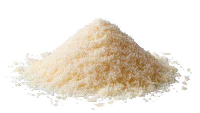 Pile of finely grated Parmesan cheese, isolated on transparent background