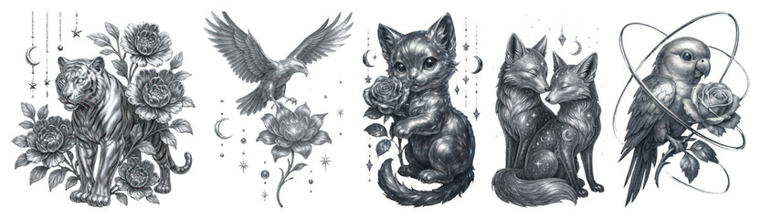 Obraz premium PNG Intricate animal floral illustrations, element set on transparent background