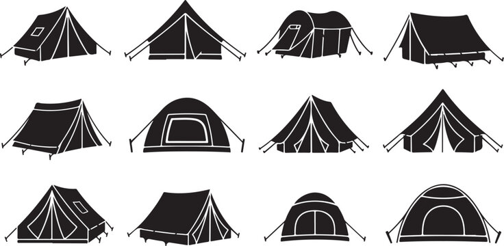 Various Black Tents on White Background Illustration Set