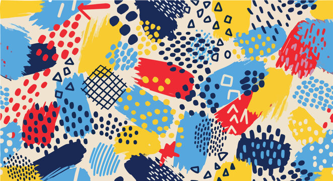 Vibrant abstract pattern with geometric shapes and dots in yellow, blue, red, and white colors