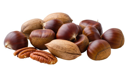 Obraz premium Pile of assorted nuts including chestnuts and pecans, isolated on transparent background