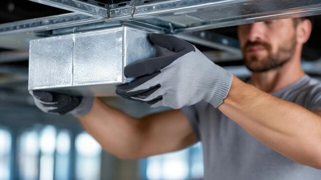 Detailed shot of protective-gloved hands holding and positioning a modern rectangular ventilation duct, screws and brackets visible, clean residential ceiling structure partially b
