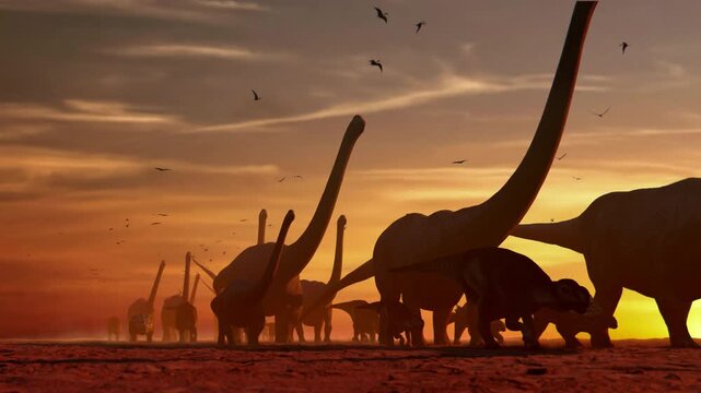 4K, 10-second 3d animation featuring a herd of diverse dinosaurs migrating through a prehistoric landscape at dusk, including Brachiosaurus and Triceratops