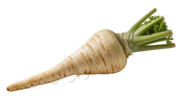 Creamy white parsnip root vegetable with green leafy tops, isolated on transparent background