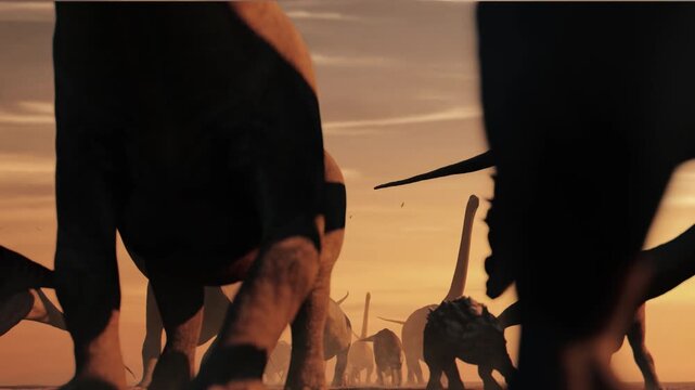 4K, 10-second 3d animation featuring a herd of diverse dinosaurs migrating through a prehistoric landscape at dusk, including Brachiosaurus and Triceratops