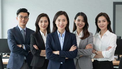Fototapeta premium Diverse group of asian businesspeople posing confidently with crossed arms in a professional setting