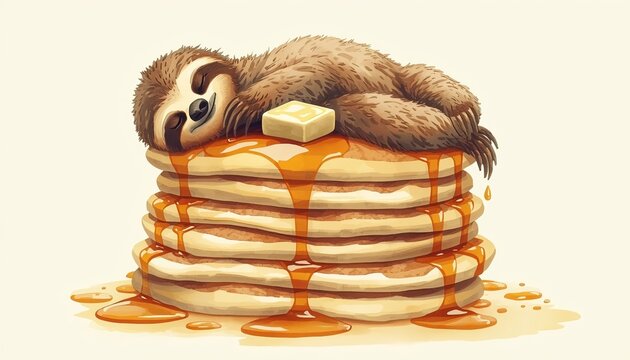 Cute Illustration of Sleeping Sloth on a Stack of Pancakes with Maple Syrup
