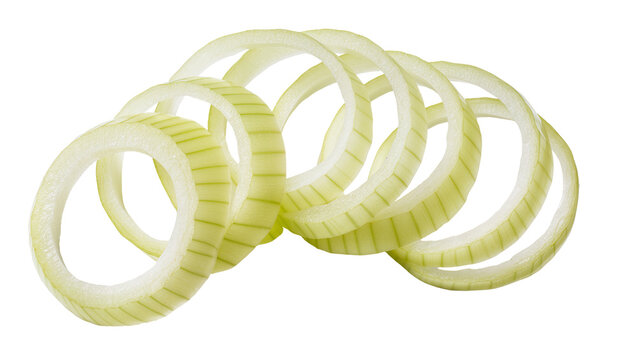 Freshly sliced raw onion rings layered and curved, isolated on transparent background