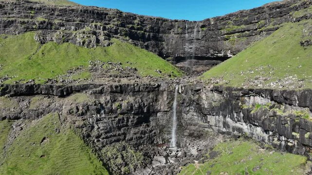 Drone shot of Foss&aacute; Waterfall, the highest waterfall on Faroe Islands