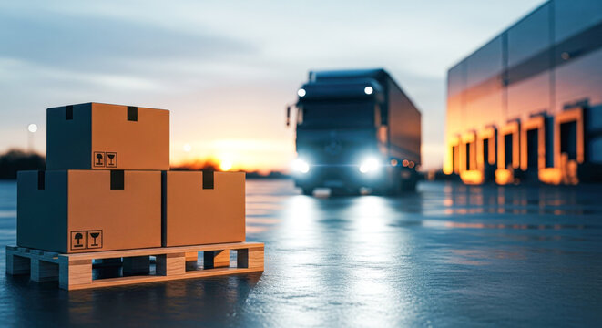 A blurred view of a freight truck loaded with parcels on wooden pallets at sunset in a modern warehouse in the logistics and transportation industry, ready for shipment.
