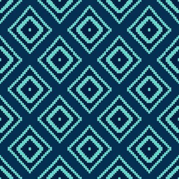 Seamless geometric diamond pattern with pixel style turquoise shapes on dark blue background