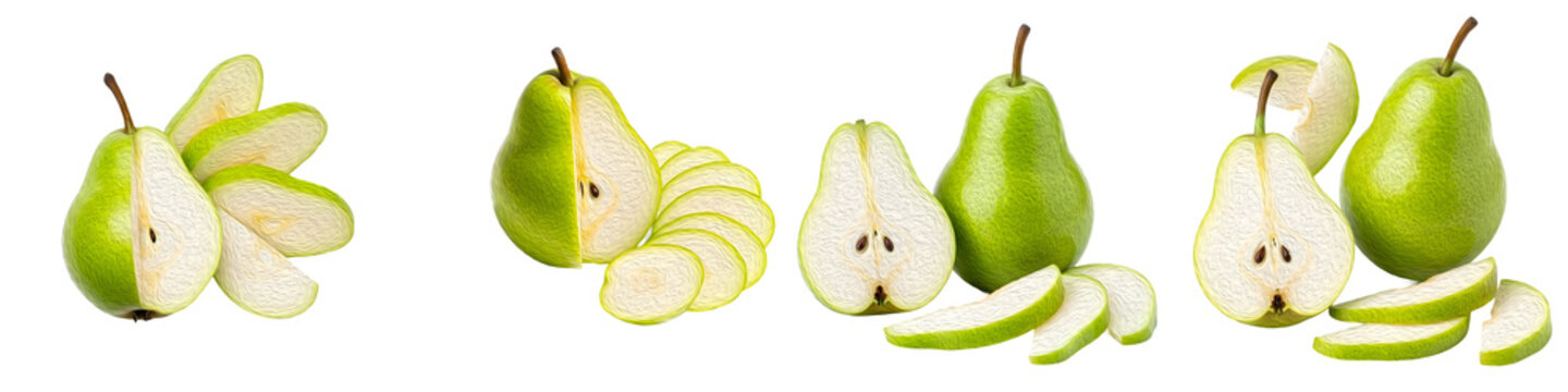 Fresh Green Pears Whole and Sliced Isolated on White Background. High Quality Set of Sweet Williams Pear Sections for Healthy Food Branding, Recipes, and Design Assets.